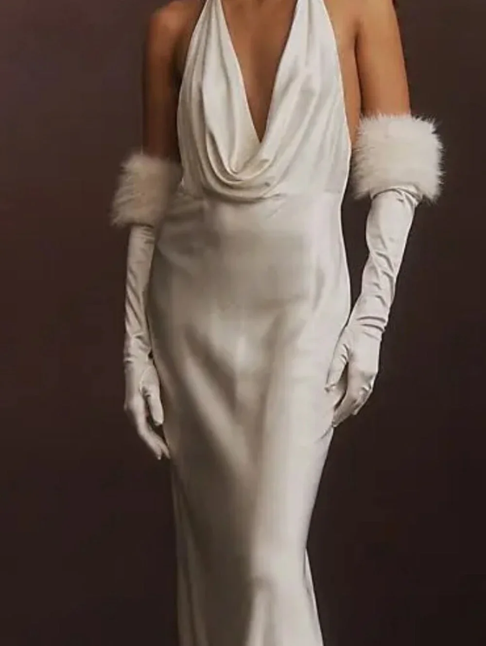 Hutch White Satin Opera Gloves with Faux Fur Cuffs